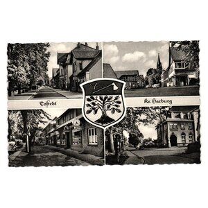 Vintage German Postcard Wofstedt Kr Harburg Black White Collage Coat Of Arms